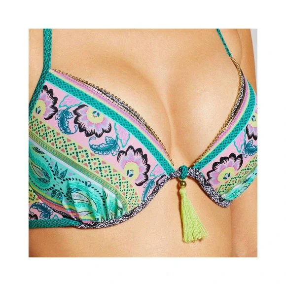 Shade & Shore Torquiose Gold Strappy Halter Bikini Top 38DD underwire molded cup - Picture 4 of 5